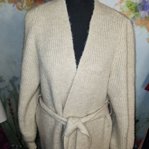 Wool Knit Beige Long Cardigan Sweater With Tie Belt - Picture 2 of 11